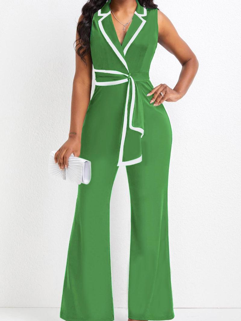 Product Introduction of Women's Contrast Binding Belted Wrap Flare Leg Jumpsuit, Summer Clothes Women, Modern Style One Piece Lapel Neck Jumpsuit for Summer, Jumpsuit for Women, Ladies Summer Clothes for Business Office, Jumpsuitwome 2