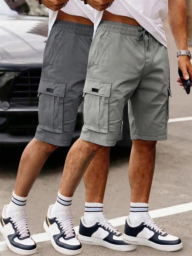 Product Introduction of Men's Solid Color Patched Drawstring Waist Cargo Shorts, Loose Casual Comfortable Breathable Flap Pocket & Slant Pocket Design Shorts for Daily Wear, Men's All-match Bottoms for All Seasons 6