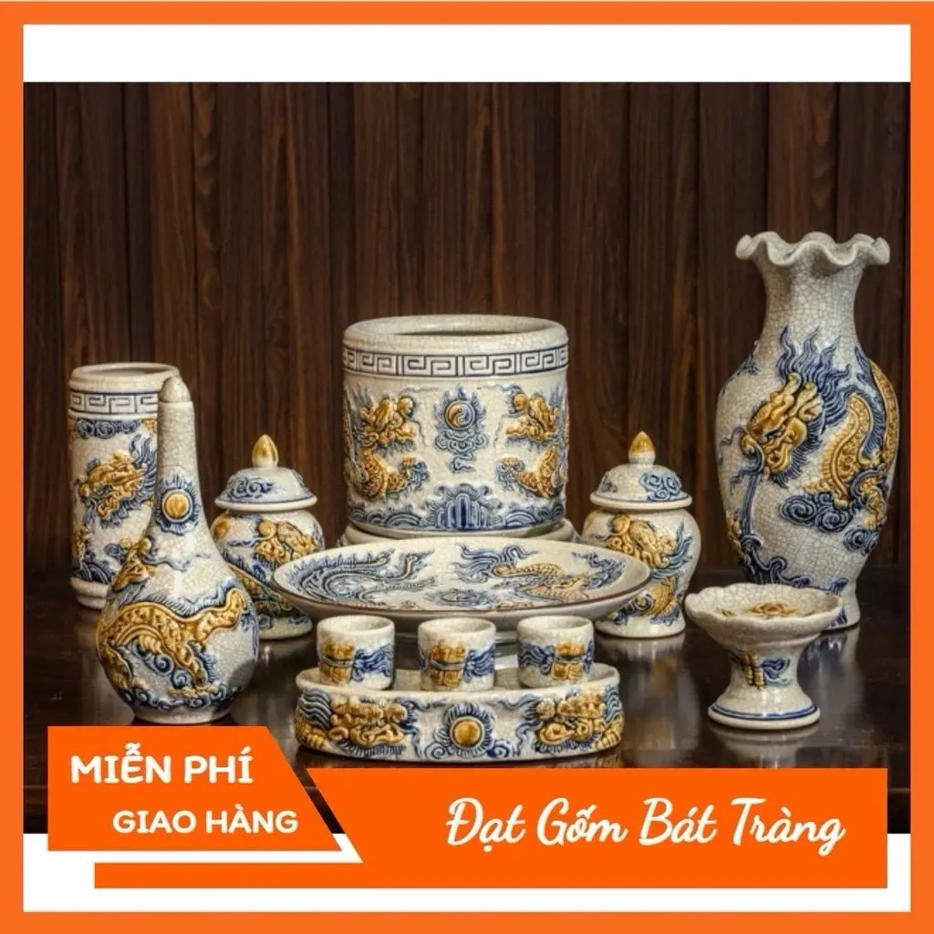 Đồ Thờ Cúng - Bộ thờ cúng men rạn đắp nổi rồng phượng gốm sứ Bát Tràng Decor Decor Phòng Trang Trí Nhà