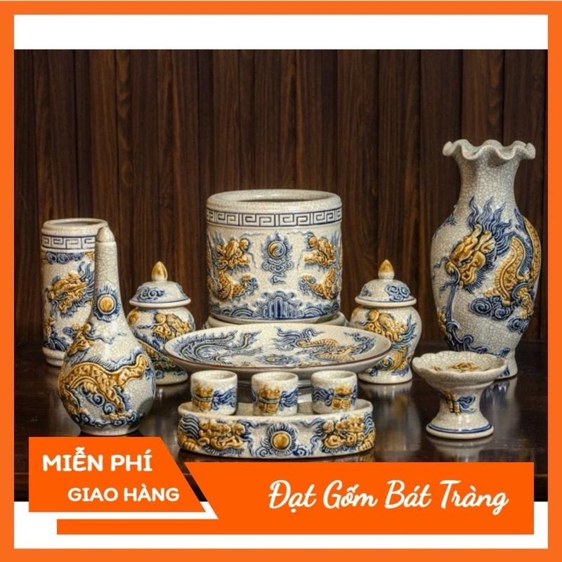  Đồ Thờ Cúng - Bộ thờ cúng men rạn đắp nổi rồng phượng gốm sứ Bát Tràng Decor Decor Phòng Trang Trí Nhà 