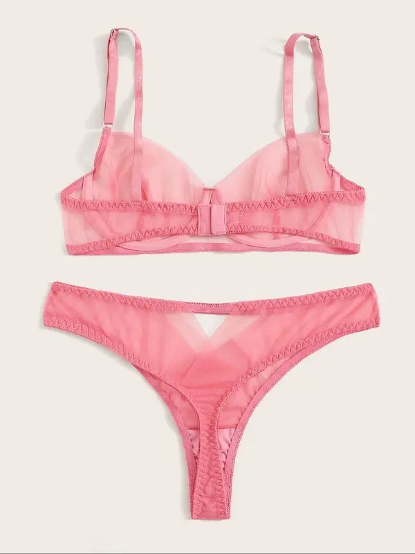 Women's Solid Color Underwire Bra & Panty Two-piece Set, Sexy Comfy Breathable Tulle Lingerie Set, Women's Underwear Set for All Seasons 5