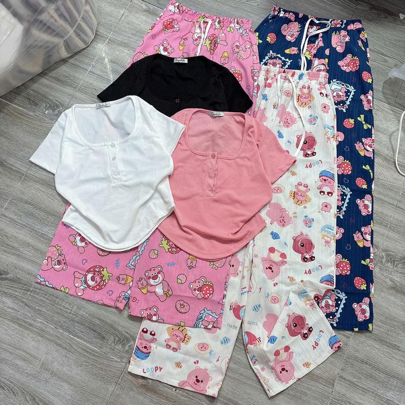 80.B32 Set bộ áo cổ tròn bầu có nút tay ngắn quần suông in hoạt hình labu quần chất đũi Kem Nữ Women Voi Top 8