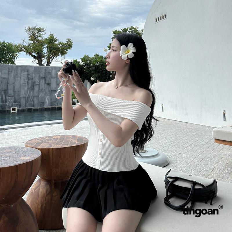 TINGOAN - Áo len xù trắng trễ vai ngang NINGNING TOP WH