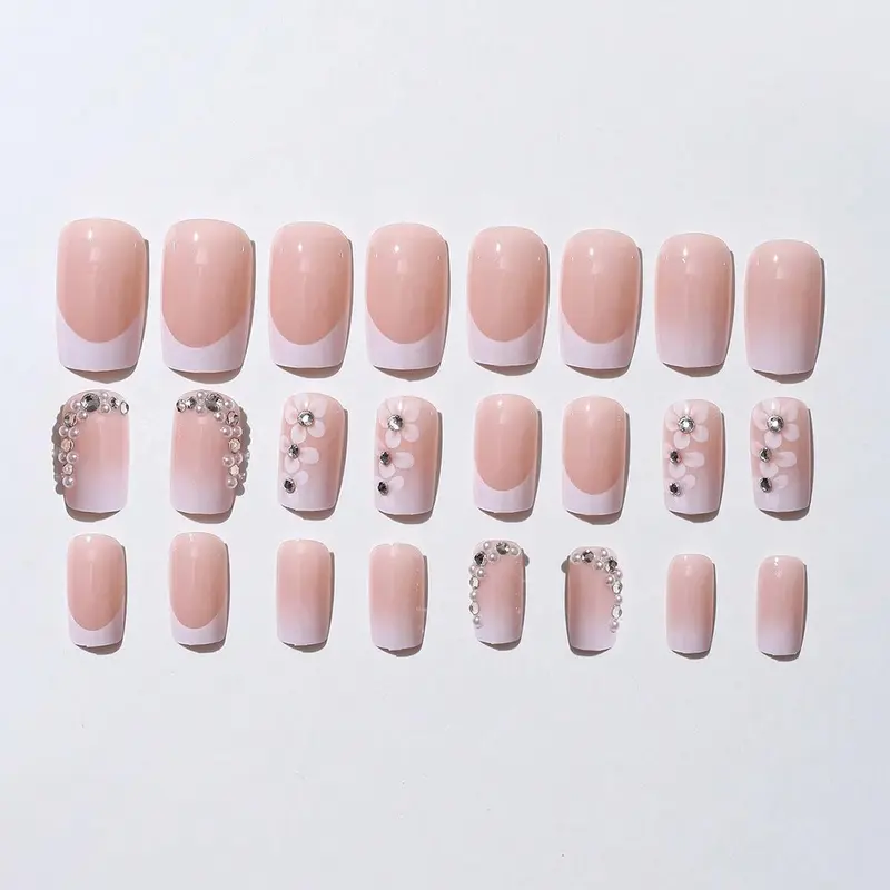 Colorblock Flower Pattern Press on Fake Nail for Women & Girls Nail Art, 24pcs Rhinestone Decor Fashion Press on Nails & 1 Sheet Tape & 1 Count Nail File, Elegant Stick on Nails Kit for Women's Gift 1