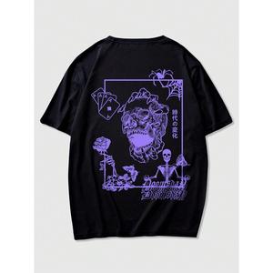 ROMWE MEN Anime Camiseta con gráfico de calavera y flores para hombres, escolar