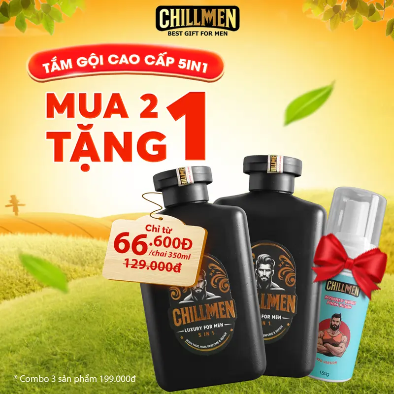 [Mua 2 Tặng 1] MUA 2 Tắm Gội Nam CHILLMEN 5IN1 350ml Dưỡng Body Dưỡng Thể Mượt Tóc Lưu Hương Nước Hoa TẶNG Ngẫu Nhiên 1 Bọt Vệ Sinh Nam CHILLMEN 150g Khử Khuẩn Giữ Ẩm Làm Thơm 0