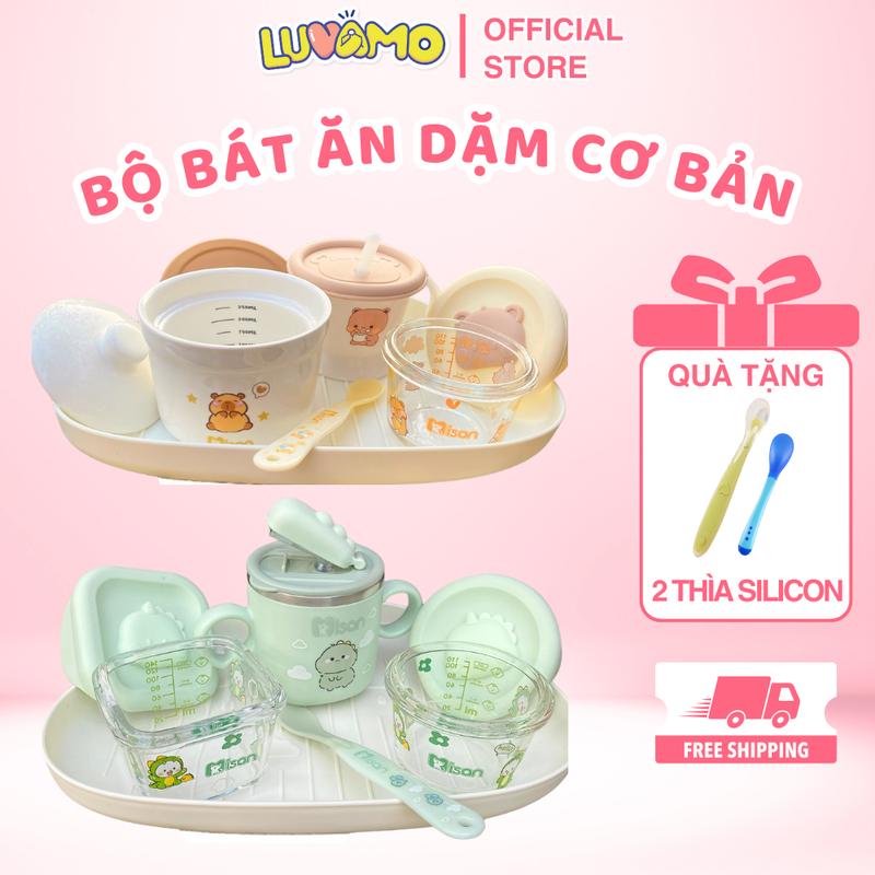 Bộ bát ăn dặm cốc tập hút chia vạch kèm khay và thìa silicon cho bé ăn dặm truyền thống từ 5 tháng Luvamo chen dam Kem bát thìa ăn dặm cho bé