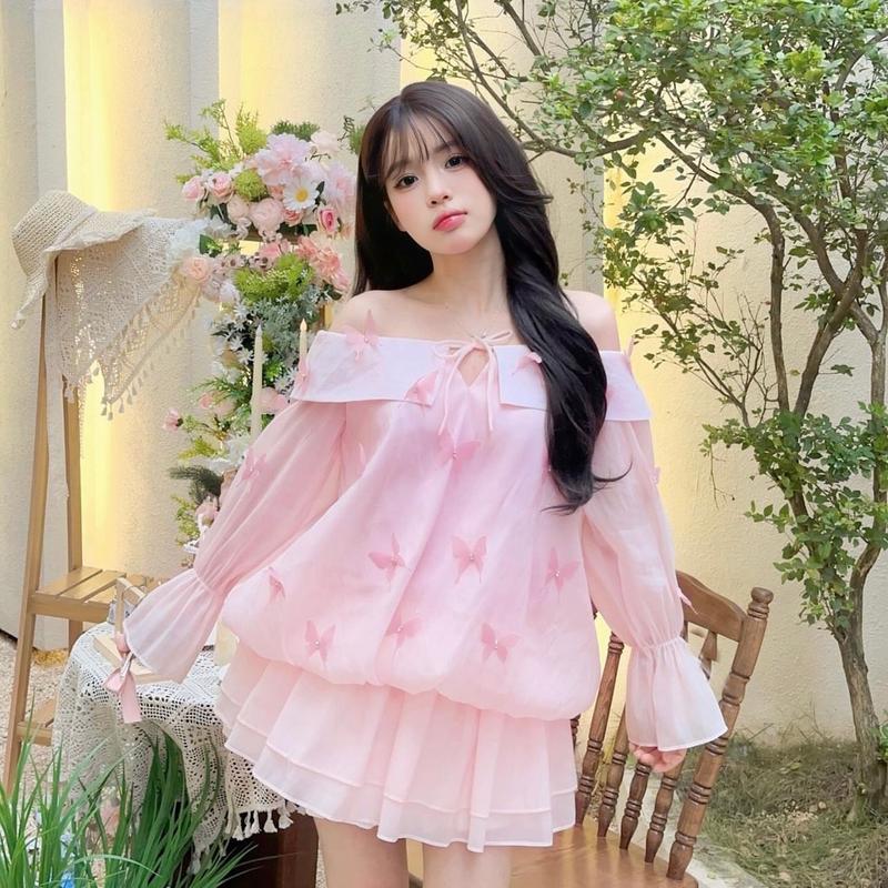 (Loại 1) Váy trễ vai tiểu thư BabyPink [FREESHIP] (kèm quần bảo hộ) mặc sinh nhật, dự tiệc, đi biển, du lịch Voan Tơ Nữ Women Dress Màu Hồng pastel