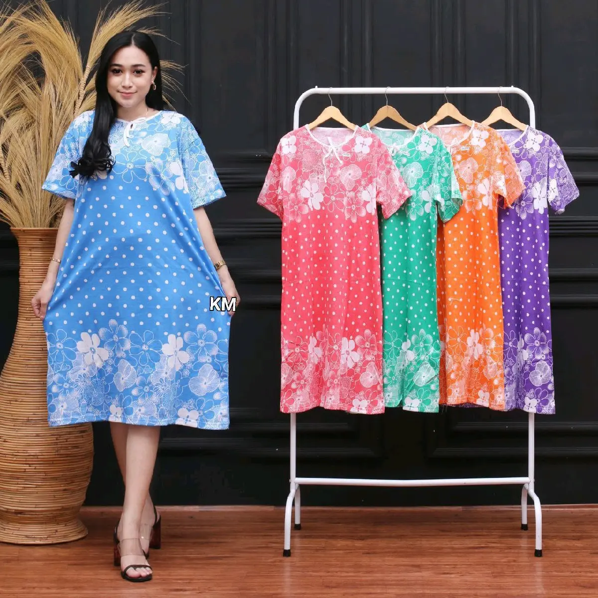 Daster kaos corak bunga Biru Hijau