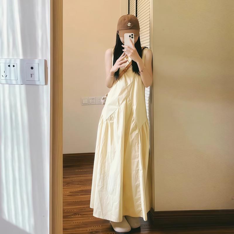Product Introduction of Váy đi biển trễ vai Đầm bigsize nữ Váy dài Mùa hè Áo ba lỗ không tay váy liền hai dây màu vàng váy dài khí chất mùa hè cho nữ 2