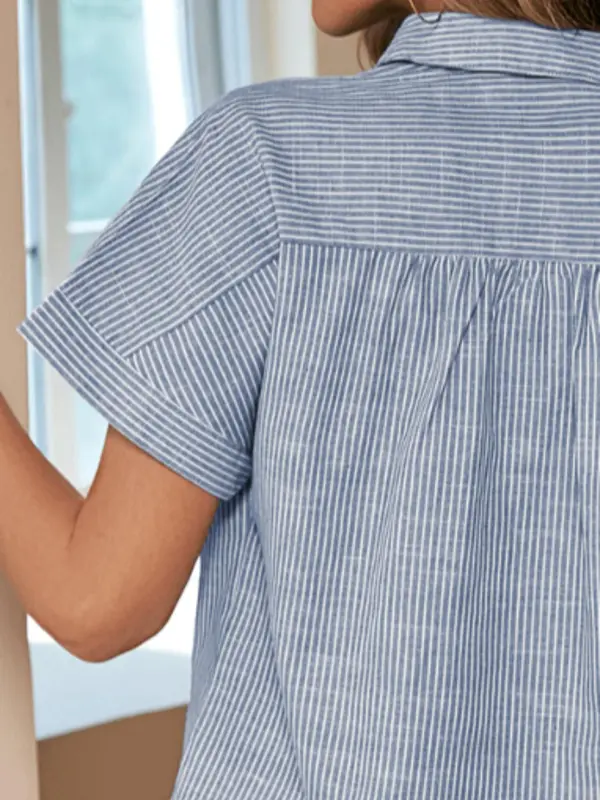 Women's Striped Print Button Front Shirt, Casual Short Sleeve Collared Top for Summer, Ladies Clothes for Daily Wear 1
