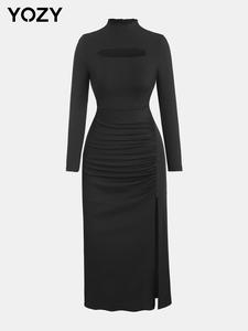Yozy Women's Cut Out Ruched Split Thigh Longsleeves Fitted Long Dress, Formal Elegant Chic Comfort Solid Tight Mock Neck Dresses for Spring & Fall Outdoor Party