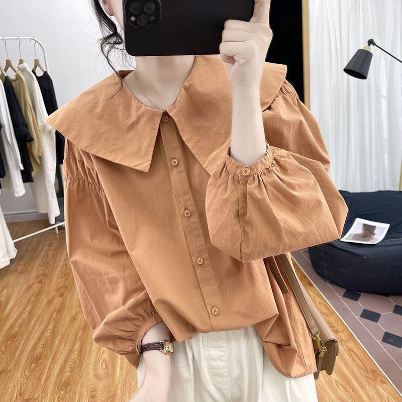 Áo Sơ Mi Dài Tay Trơn Cổ Búp Bê Bất Đối Xứng Dành Cho Nữ, Phong Cách Mùa Xuân Và Mùa Thu, Dáng Rộng Vừa Vặn, Trông Trẻ Trung, Áo Sơ Mi Lớp Cơ Sở, PCs, Phổ Biến 1