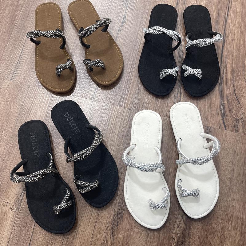 DULCIE Dép Xỏ Ngón 2 DÂY ĐÁ, Mũi Tròn, 2 Dây Quai Ngang Đan Vào Nhau Sáng Lấp Lánh, Đế Chống Trơn Trượt, Êm Chân