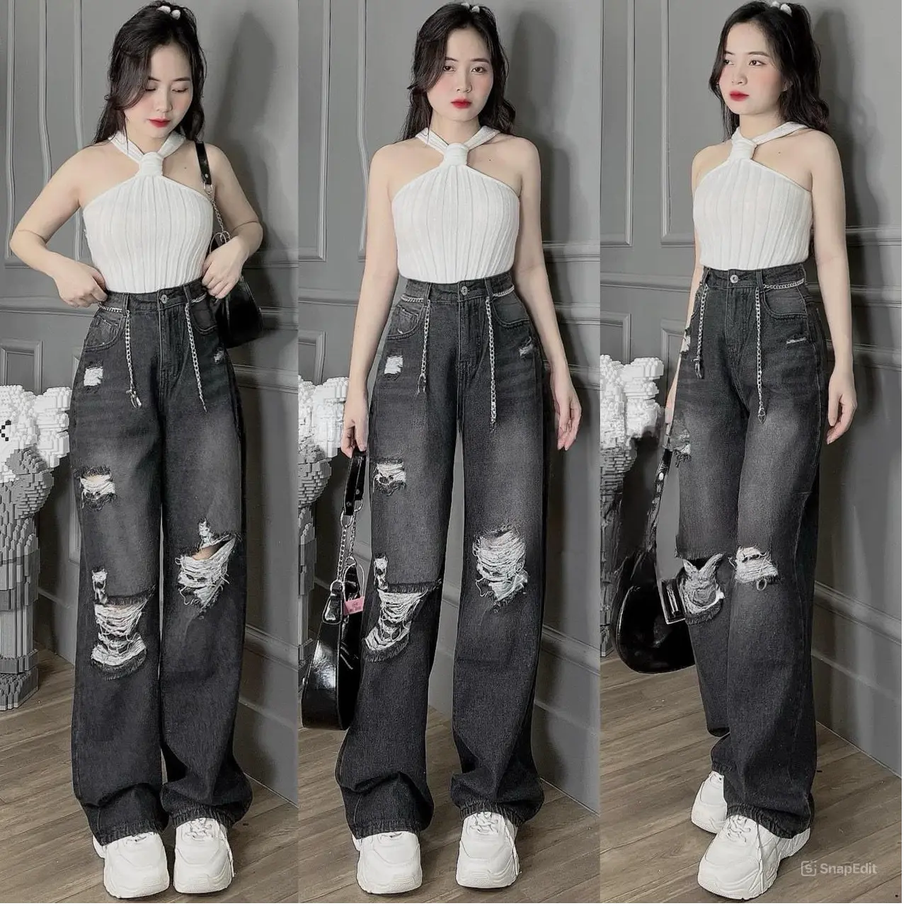 Quần jean xuông ống rộng rách thời trang.cạp siêu cao tôn dáng chất vải bò mềm dày cao cấp không co giãn