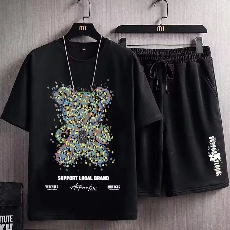 M-8XL plus Size Sports Suit Men's Summer Fashion Brand Short-Sleeved Shorts Set Men's Loose Fashion Versatile Printed Casual Suit Boys[TZ730]