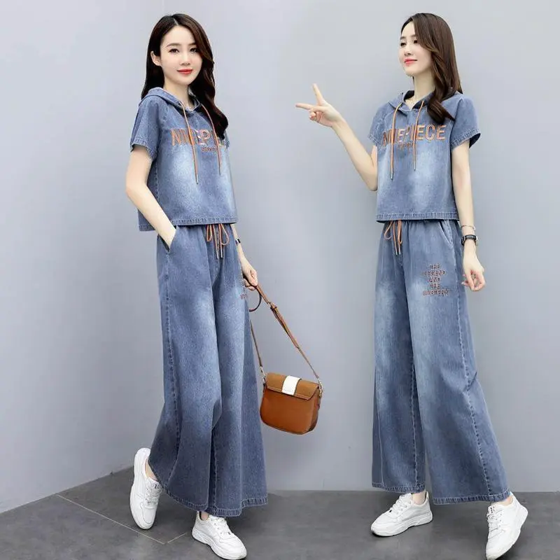 Bộ Đồ Denim Đi Làm, Phong Cách Mùa Hè, Ngoại Cỡ, Dáng Rộng Vừa Vặn, Thời Trang, Sành Điệu, Quần Dài Co Giãn Thẳng, Áo Khoác, Bộ Hai Mảnh, Dành Cho Nữ