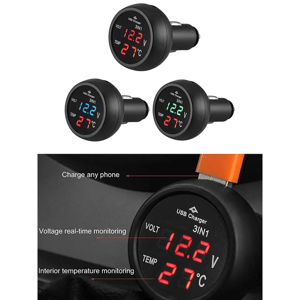 3 in 1 12/24V Car Auto LED Digital Voltmeter Gauge+Thermometer+USB Charger