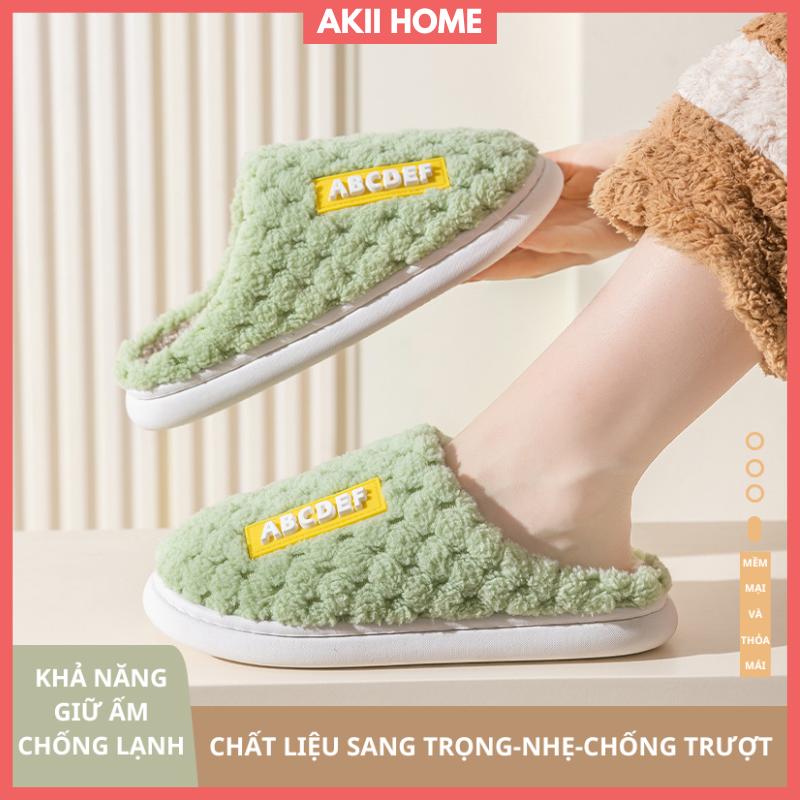Dép bông đi trong nhà mùa đông, chất liệu bông nhung, đế dày chống trơn trượt, đi êm chân, mềm mại Akii Home NC82