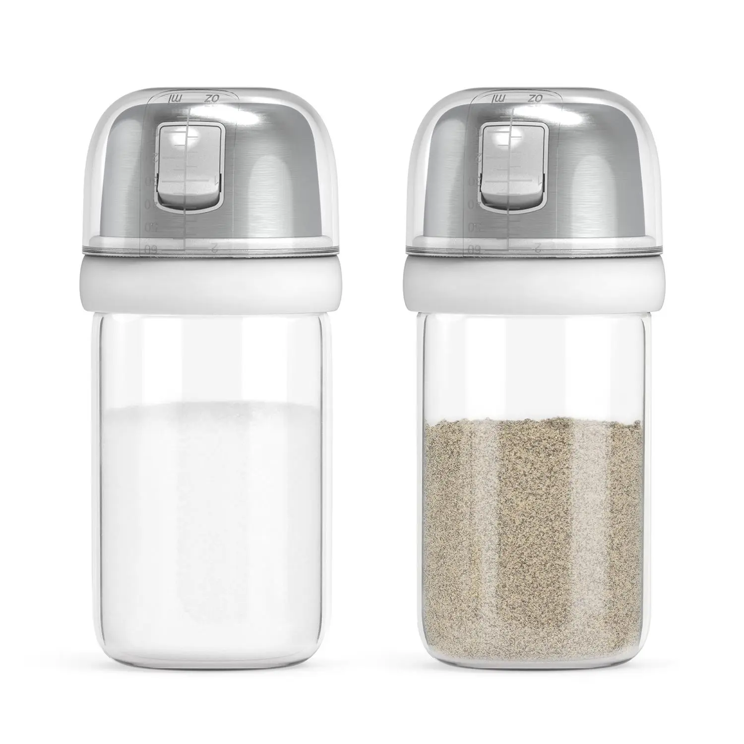2 in 1 Glass Shaker & Side Pourer, 2 Counts Salt & Pepper Dispenser Bottle with Measuring Marks, Elegant Glass Salt Dispenser for Kitchen Dining Room Picnic Dormitory
