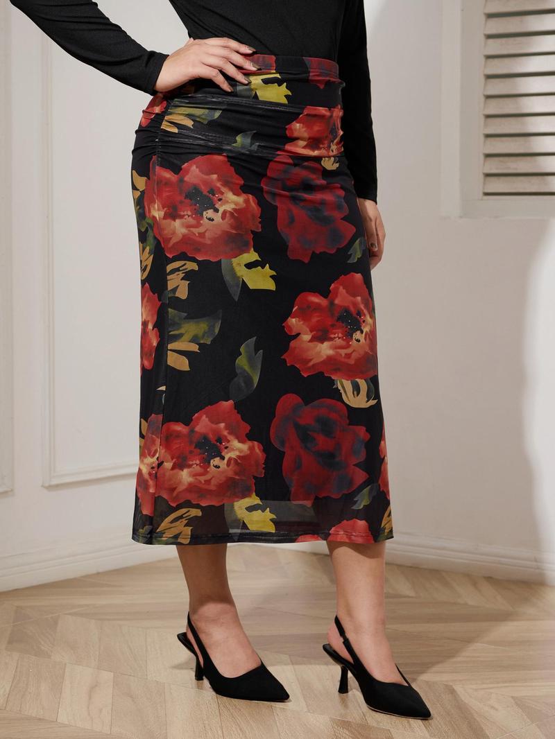 Product Introduction of YOZY-CURVZY Plus Size Floral Print Ruched Tulle Skirt, Casual Fashionable Skirt for Daily Outdoor Wear, Women Plus Clothing for All Seasons 5