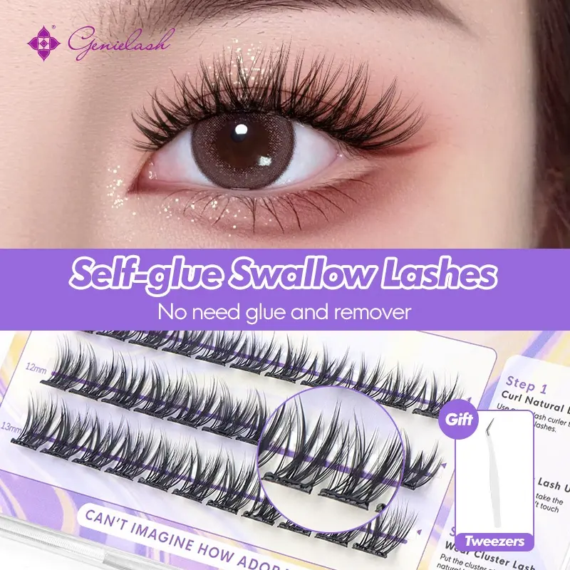[Free tweezer]GENIELASH Glue-free Swallow Eyelash for Beginner Self Adhesive Eyelashes Natural False Eyelashes No Need Glue Makeup Eyelash Extensions Cosmetic