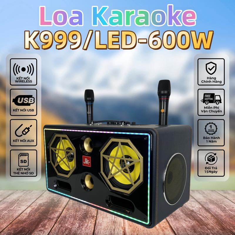 Mẫu mới 2025 K999 600W Loa Karaoke Di Động Nghe Nhạc Xách Tay Bluetooth 6.5, LED tạo hiệu ứng vòm xung quanh 8 chế độ, 3 Đường Tiếng - Bass 20cm x 2, Mid 16cm x 2, Treble x 2,  UHF 2 Micro không dây Củ, Loa ngoài trời, Loa gia đình