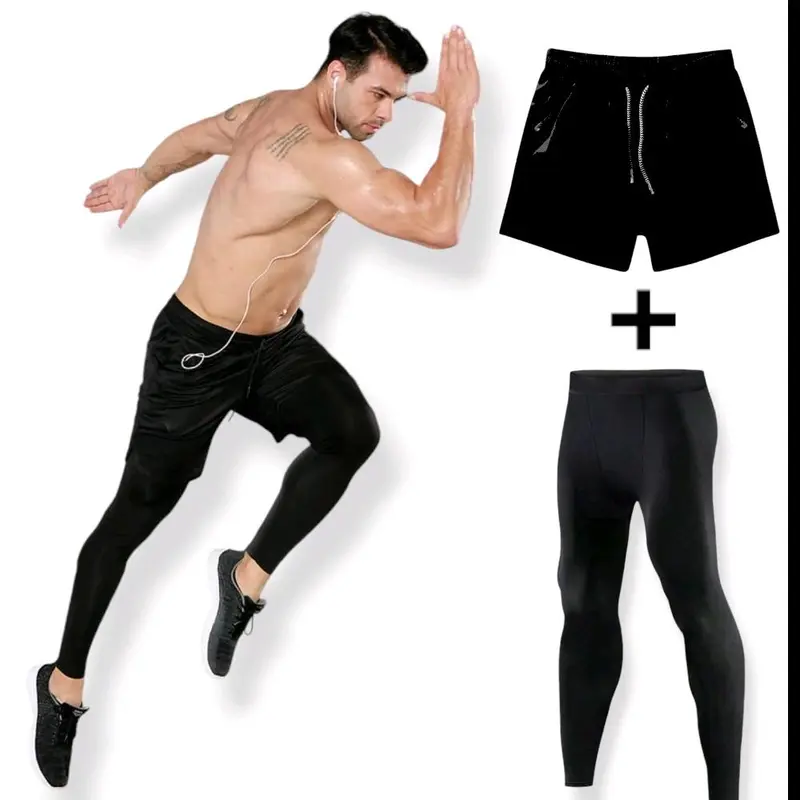 Paket 2 in 1 Celana Pendek dan dalaman legging panjang olahraga pria baselayer legging sport  lejing unisex Celana sport Gym Fitnes futsal volly Outdoor Manset 0