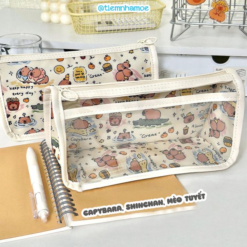 Túi đựng bút hoạ tiết mèo tuyết, shinchan, capybara, haikyuu, hello kitty 2 ngăn đáng yêu