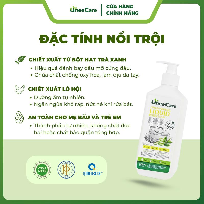 Nước rửa chén bát gốc thực vật UneeCare - Làm sạch dầu mỡ dù chỉ 1 giọt nhỏ. Hương Trà Xanh và Lô Hội. An toàn cho da nhạy cảm. 4