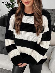 YOZY Women's Colorblock Striped Print Drop Shoulder Sweater, Casual Long Sleeve Round Neck Jumper for Fall & Winter, Valentine's Day Gift for Girl, Fashion Ladies' Knitwear for Daily Wear