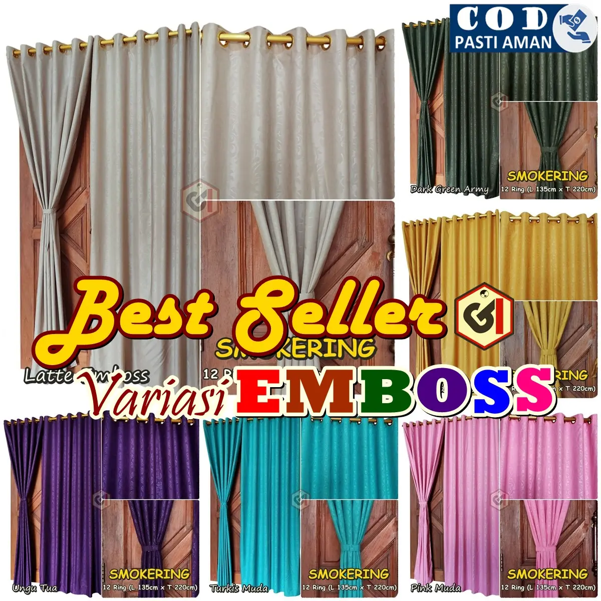 Gorden Emboss Minimalis untuk Pintu atau Jendela Model Smokring 12 Ring Ukuran 135x220cm Tersedia Variasi Warna Lengkap Tali