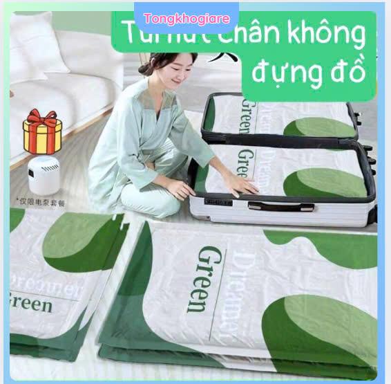 Combo 6 túi hút chân không xanh lá đựng quần áo, chăn màn + bơm điện Tongkhogiare01 0
