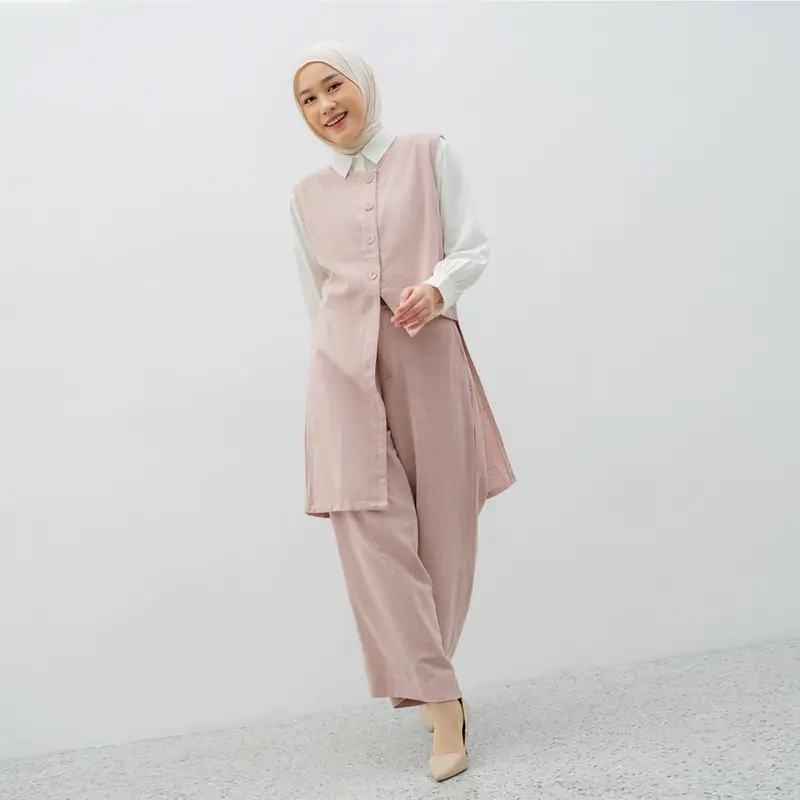 YEPPUOUTFIT - Afifa Set Raya Series | Basic Setelan Wanita Outer Asimetris Dan Kulot Panjang Linen Outfit Lebaran Cantik Kancing Karet Muslim Pendek Pink Soft Celana Casual 3