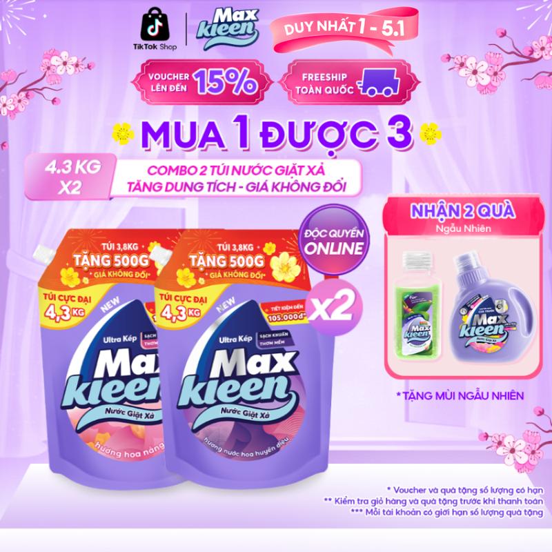 DUY NHẤT 1-5.1 TĂNG 500G DUNG TÍCH Combo 2 Túi Nước Giặt Xả Làm Sạch MaxKleen Hương Hoa Nắng Huyền Diệu 4.3kg