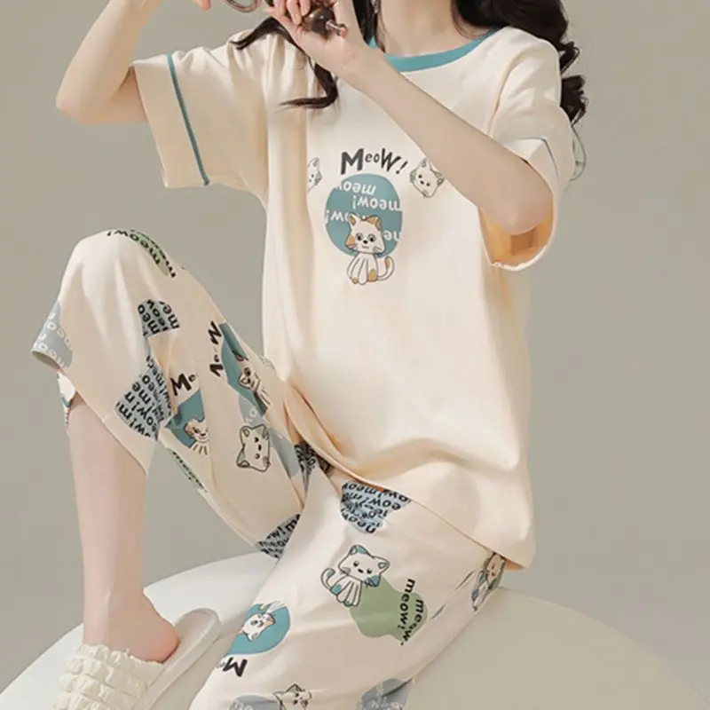 Đồ Ngủ Pijama, 100% Cotton, Dành Cho Nữ, Hàng Mới Về Mùa Hè, Ngắn Tay, Bộ Quần Cropped, Thích Hợp Cho Mùa Xuân Và Mùa Thu, Phong Cách Mùa Đông, Dáng Rộng Vừa Vặn, Đồ Mặc Nhà, Có Thể Mặc Ngoài Trời