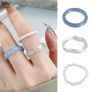 【Sktlz】 Simple Resin Ring Women's Premium Acrylic Ring Set 3 Piece Set Retro Rings  Pearl Retro