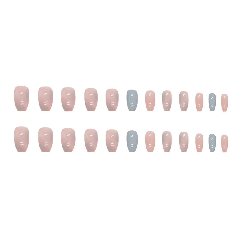 Short ballet pink Blue contrast marble smudged Nail art Glacier Jelly summer fresh wear nail fake nails