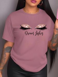 Camiseta de mujer con hombros caídos y estampado de ojos y letras, camiseta informal de manga corta y cuello redondo para el día a día, ropa de mujer para todas las temporadas
