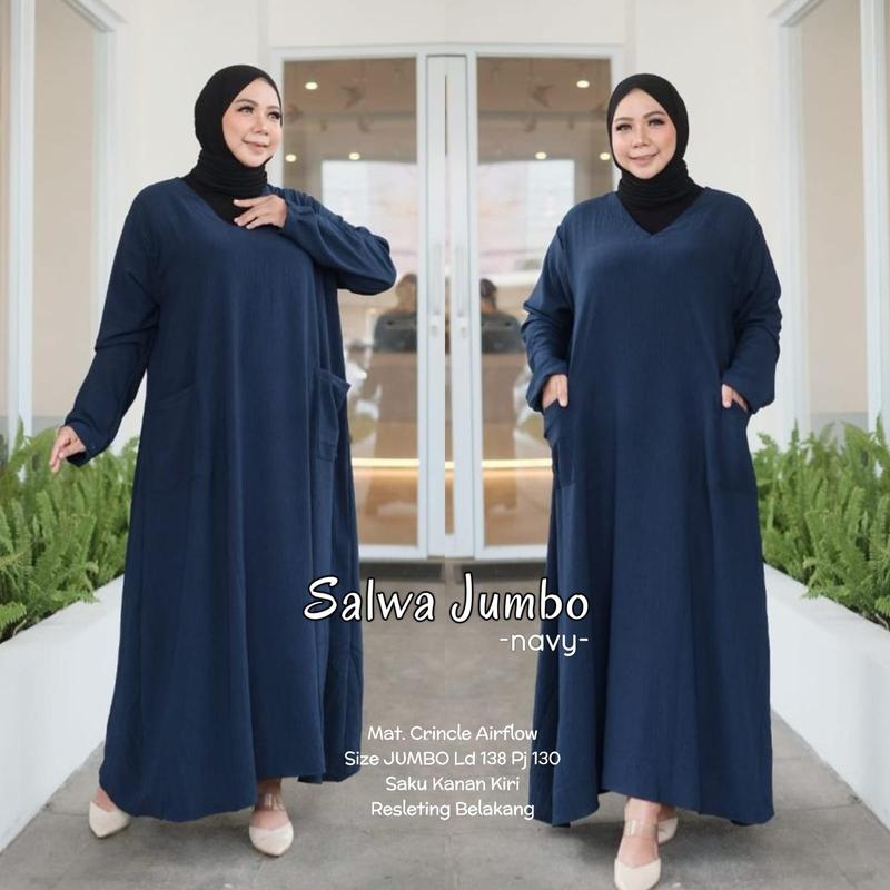Gamis LD 140 Super Jumbo Besar Polos Muat BB 100 120 Bahan Crinkle Airflow Dress Motif Muslim Wanita 4