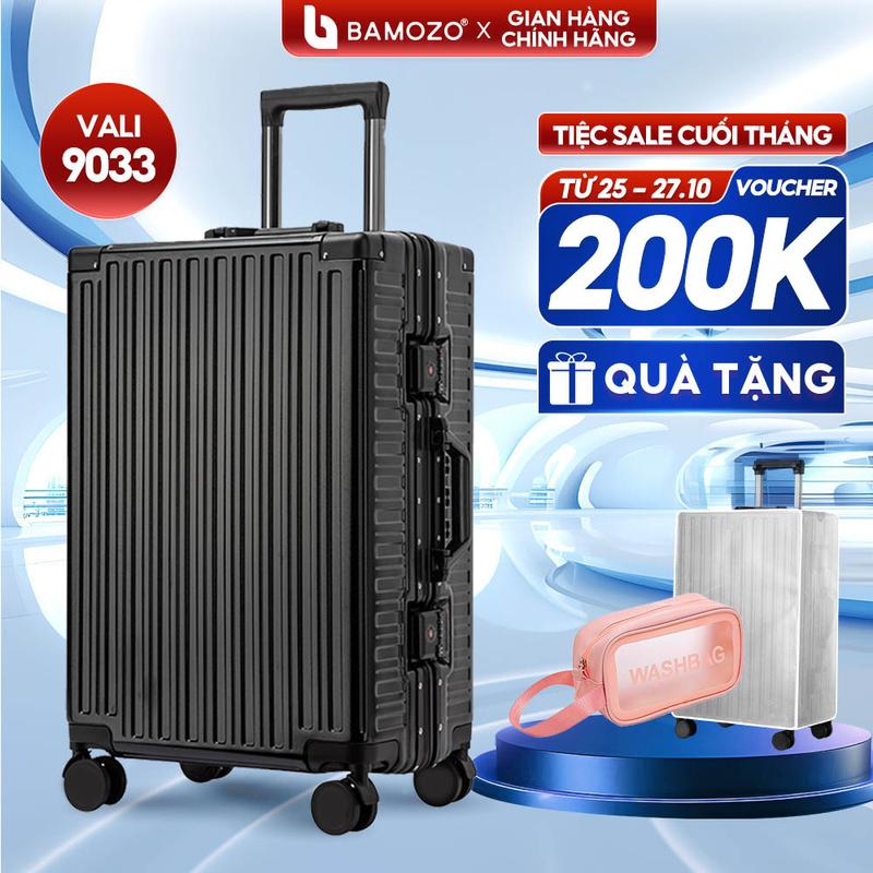 TẶNG TÚI MỸ PHẨM Vali Du Lịch Bamozo 9033 Vali Khóa Sập Cao Cấp Nam Nữ Size 20 24 nhựa PC nguyên khối Bảo Hành 5 Năm + Tặng bọc vali trong suốt