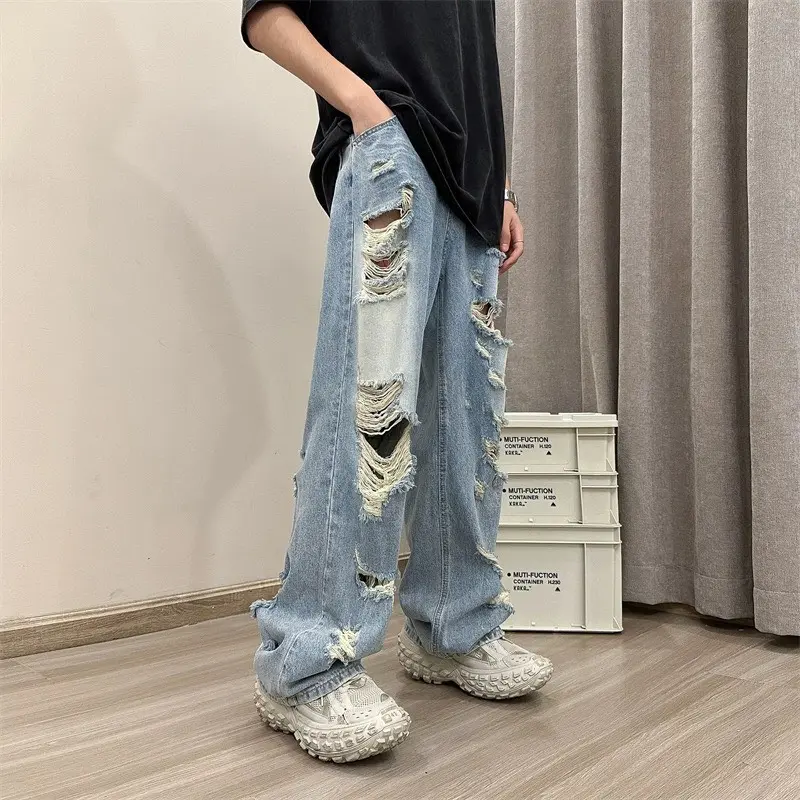 Quần Baggy jean xanh nhạt rách nhiều form suông rộng unisex nam nữ