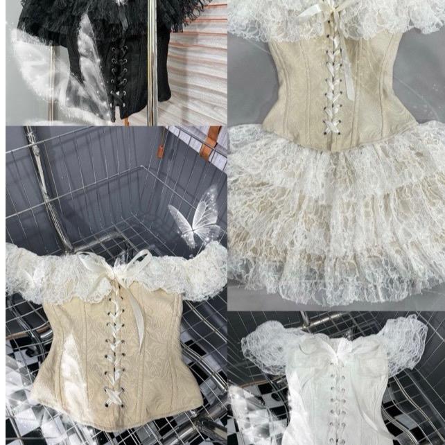 SET ÁO CORSET GẤM PHỐI REN TRỄ VAI KÈM CHÂN VÁY REN 3 TẦNG ÁO ĐAN DÂY CÓ GỌNG ĐỊNH HÌNH