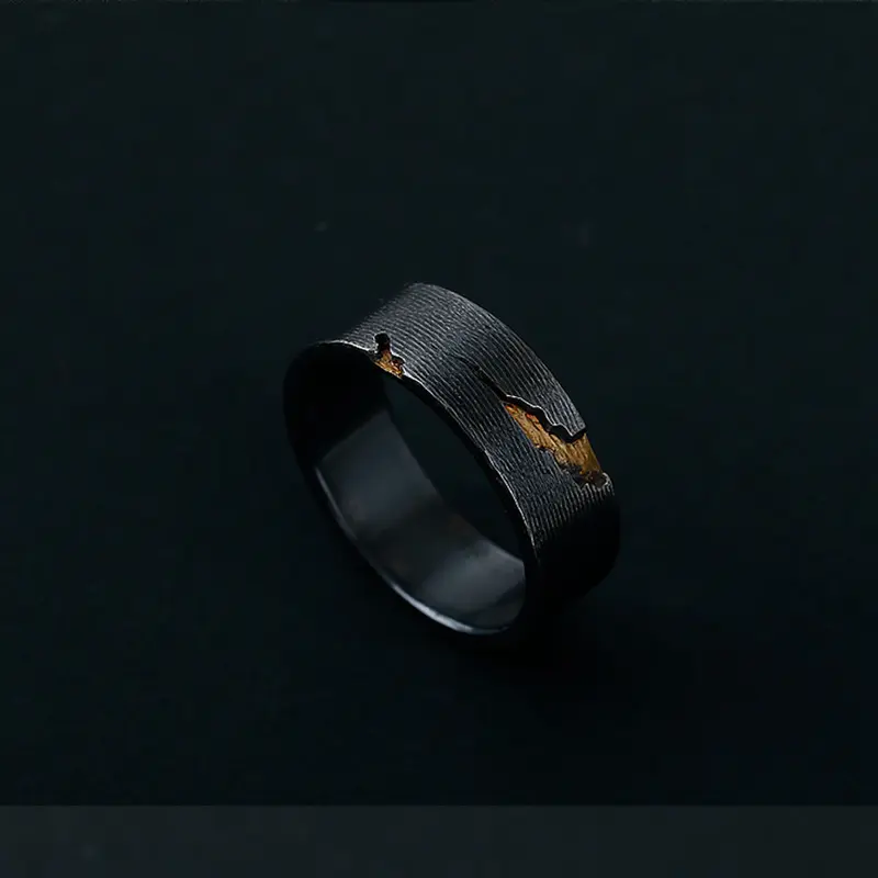 Cincin Hitam Gold Kelupas S925 / Cincin Vintage Retak Bertekstur Simple Elegant Bahan Perak Sterling Awet Kokoh Murah Berkualitas / Fashion Vintage Cracked Ring Import / Aksesoris Fashion Jewelry Cowok Cewek Casual Keren Desain Terbaru