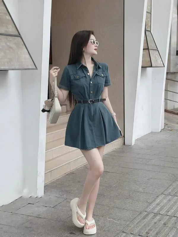 Váy đầm nữ dáng  xòe chất jean cổ sơ mi cài nút thiết kế trẻ trung sang chảnh 2