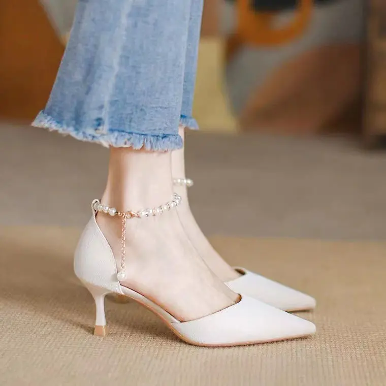 Wanwan Lei Style High Heels Women's Stiletto Heel Autumn New Hollow Pumps Fresh Pearl Fairy Style Closed Toe Sandals