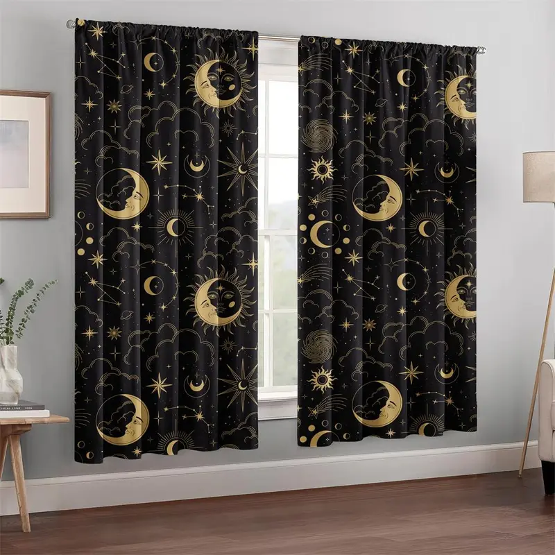 Star & Moon Pattern Curtain, 2 Counts/set Bohemian Fashion Digital Print Sun Moon Star Decoration Curtain, Suitable for Living Room Office Home Decoration 3