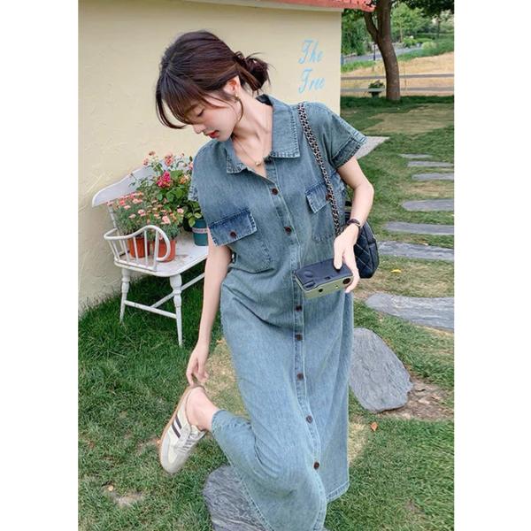 [Tira Mama Design] Váy bầu V1944 Váy Jean 2 túi nắp Freesize,Váy jean cúc đen dọc tháo mở