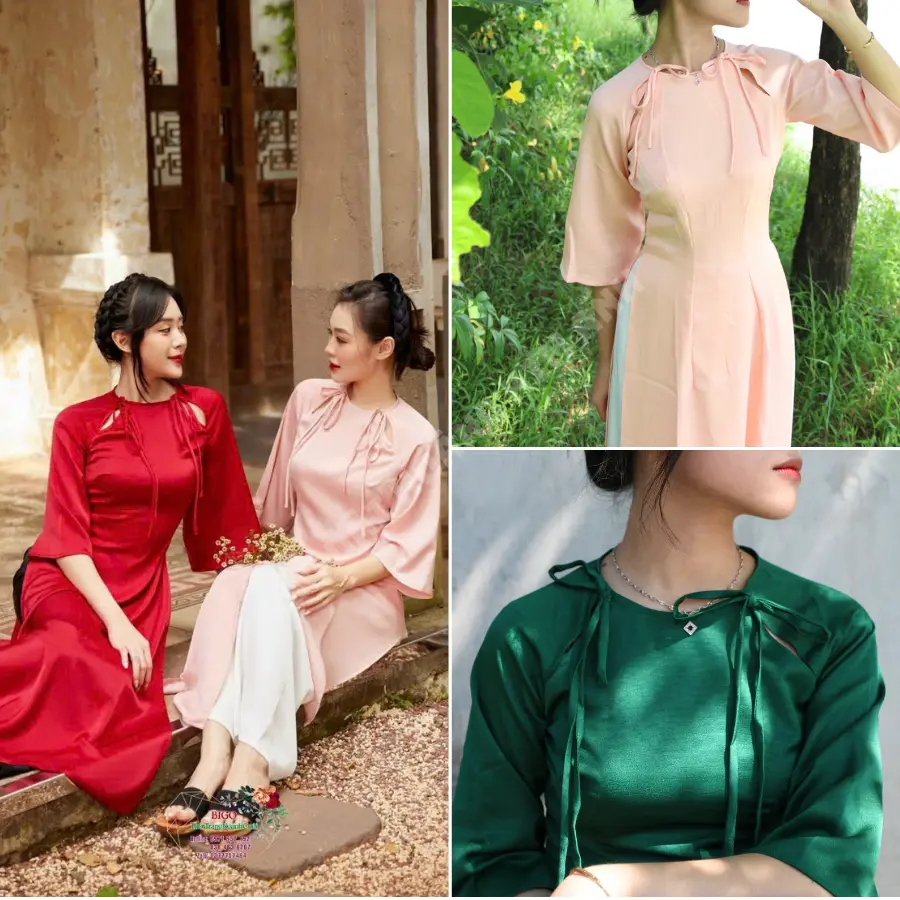 Áo dài cách tân nữ trơn truyền thống thiết kế hở vai thắt nơ xinh xắn màu Đỏ, Xanh, Hồng, Áo dài truyền thống nữ mặc tết