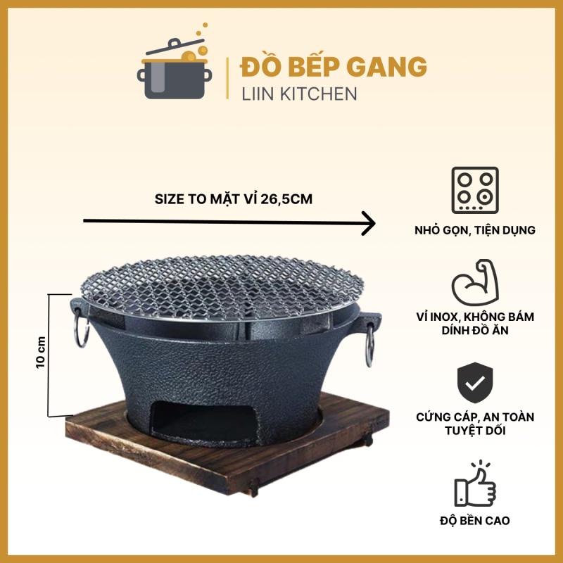 Bếp nướng than hoa, bếp gang nướng thịt, bếp cồn chiên BBQ kèm vỉ inox nhỏ gọn LIINKITCHEN